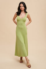 Light Olive Knit Deep V-Neck Maxi Dress