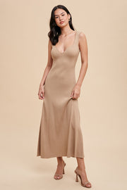 Beige Knit Deep V-Neck Maxi Dress