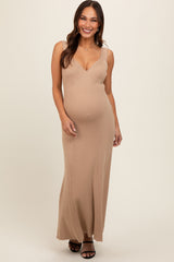 Beige Knit Deep V-Neck Maternity Maxi Dress