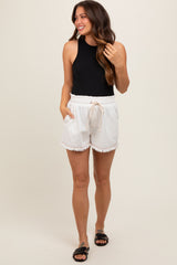 Ivory Drawstring Fringe Hem Maternity Shorts