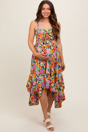 Black Floral Smocked Sleeveless Maternity Midi Dress