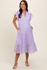 Lavender V-Neck Eyelet Detail Ruffle Shoulder Tiered Maternity Midi Dress