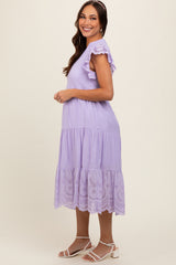 Lavender V-Neck Eyelet Detail Ruffle Shoulder Tiered Maternity Midi Dress