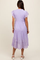 Lavender V-Neck Eyelet Detail Ruffle Shoulder Tiered Maternity Midi Dress