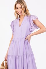 Lavender V-Neck Eyelet Detail Ruffle Shoulder Tiered Midi Dress