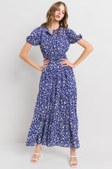 Navy Floral Print Tiered Maxi Dress