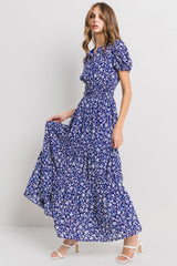 Navy Floral Print Tiered Maxi Dress