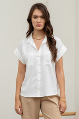 White Short Fold Sleeve Button Down Shirt