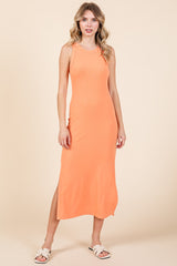 Orange Ribbed Side Slit Tank Dress