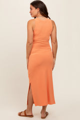 Orange Ribbed Maternity Side Slit Tank Dress