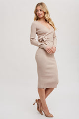 Beige Long Sleeve Fitted Dress