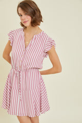 Berry Button-Down Stripe Flare Dress With Lining