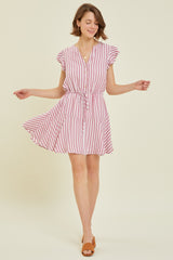 Berry Button-Down Stripe Flare Dress With Lining