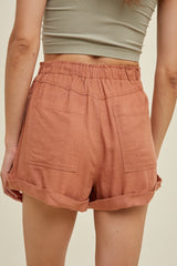 Clay Linen Shorts With Pleated Detail