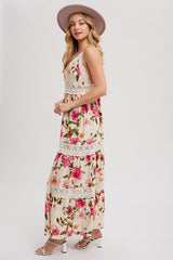 Vanilla Floral Print Tiered Lace Contrast Maxi Dress