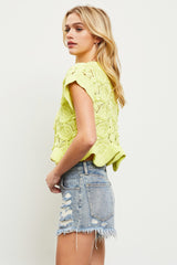 Lime Ruffled Tie-Neck Sweater Top