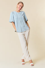 Sage Bubble Short Sleeve Pintuck Button Down Blouse