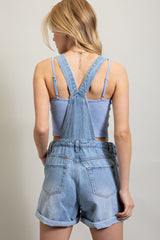 Light Denim Ripped Roll Up Hem Denim Overall Romper