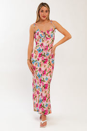 Pink Floral Shoulder Tie Maxi Dress