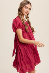 Magenta Square Neck Puff Sleeve Flowy Dress With Ruffle