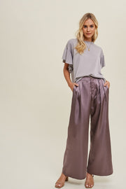 Purple Satin Wide-Leg Pants With Pleated Detail