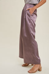 Purple Satin Wide-Leg Pants With Pleated Detail