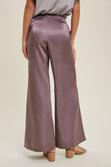 Purple Satin Wide-Leg Pants With Pleated Detail